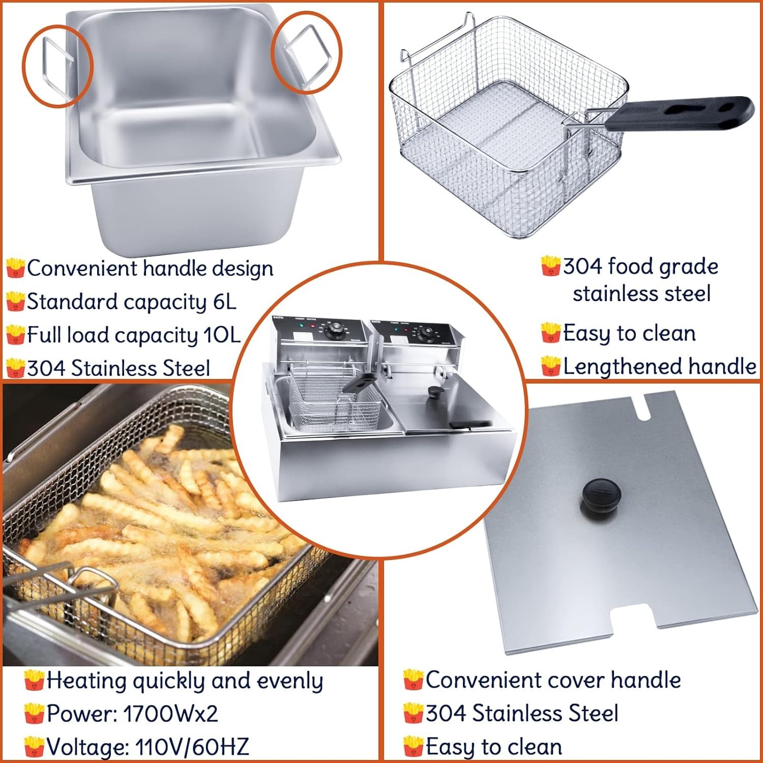 Commercial Countertop Deep Fryer, 3400W Stainless Steel