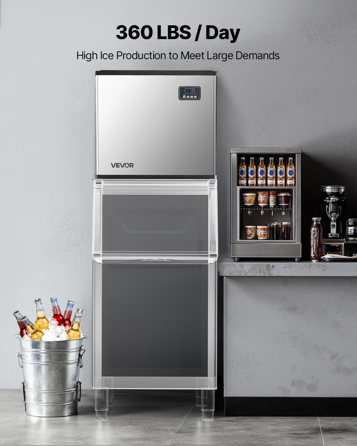 Commercial Ice Maker Machine – Head, 360 Lbs/Day Stainless Steel Ice Machine wit