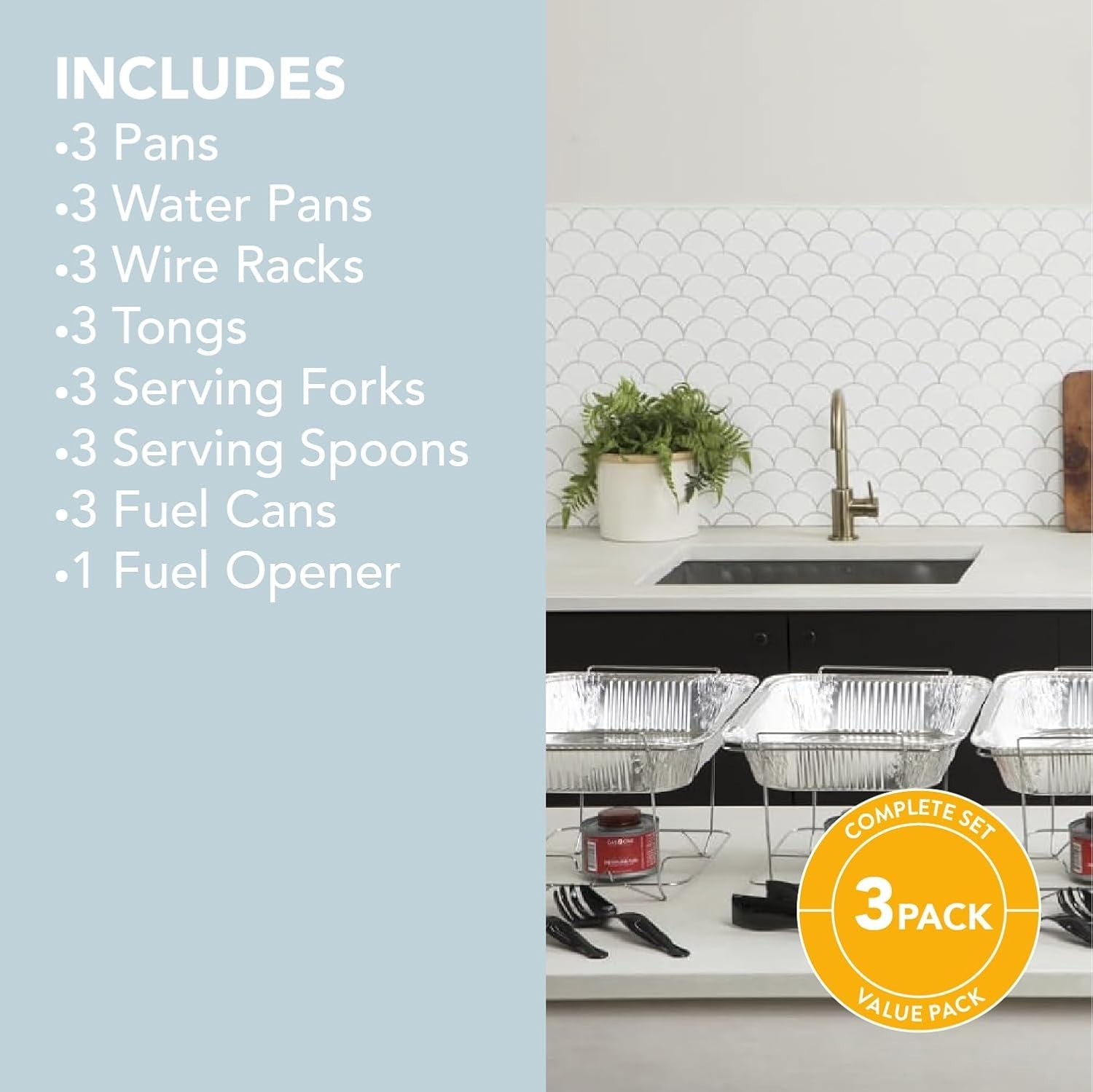 Durable Food Warmers Buffet Set with Utensils, Fuel, and Wire Stands – 3 Pack