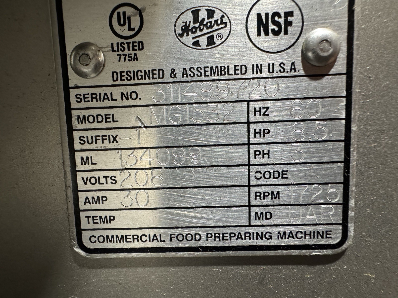 Hobart MG1532 Mixer Grinder/150lb capacity/Foot Pedal W/AUGER & NUT
