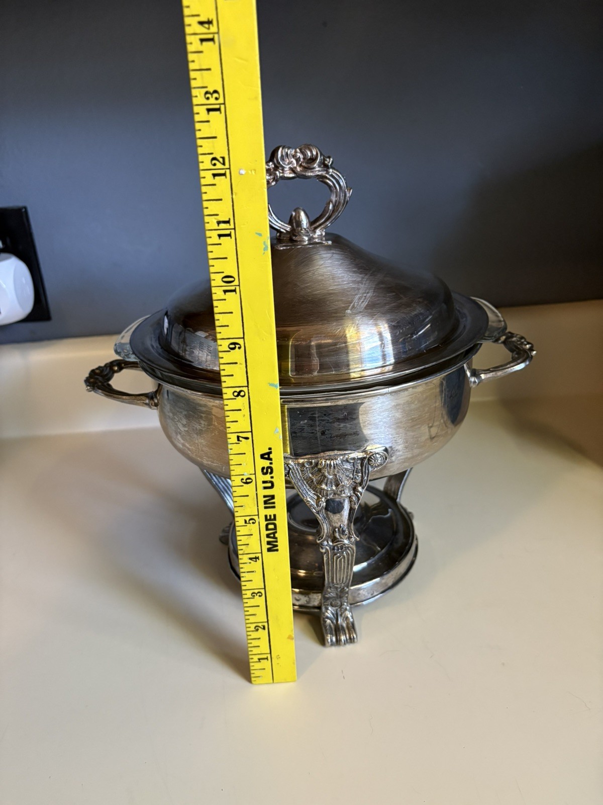 Vtg Silver Plate Warmer Round Chafer Domed Lid Ornamental Rack Handled w/bowl