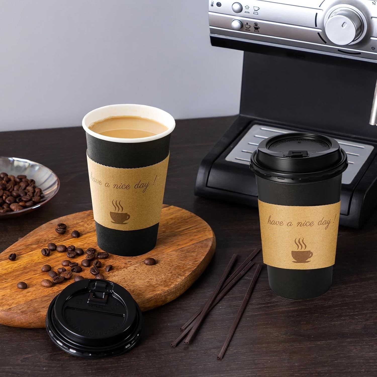Leak-Proof 12oz Hot Paper Cups with Lids & Sleeves – 50 Pack