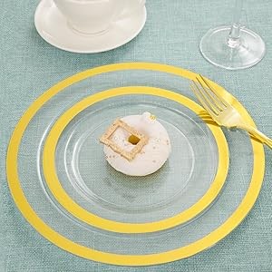 210PCS Gold Plastic Plates – Heavy Duty Clear Gold Disposable Plates Includes 30