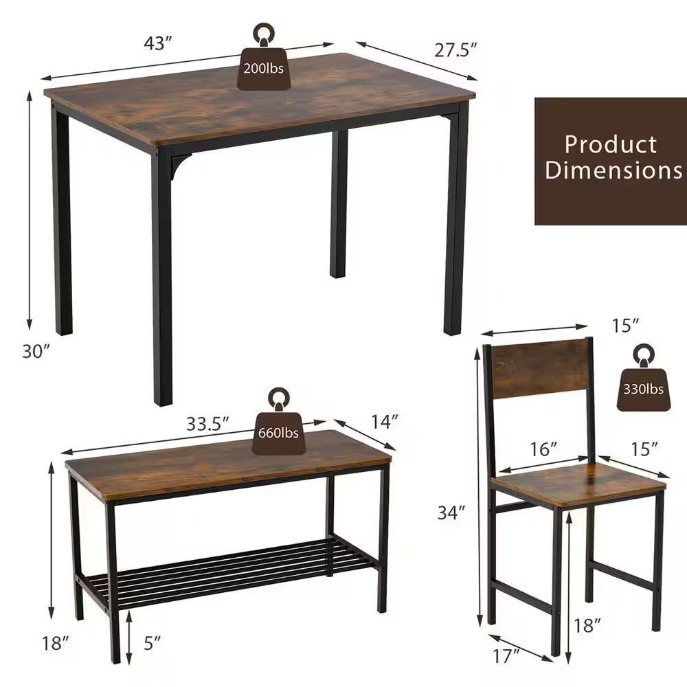 4-Piece Dining Table Set Rustic Desk 2 Chairs and Bench with Storage Rack Brown