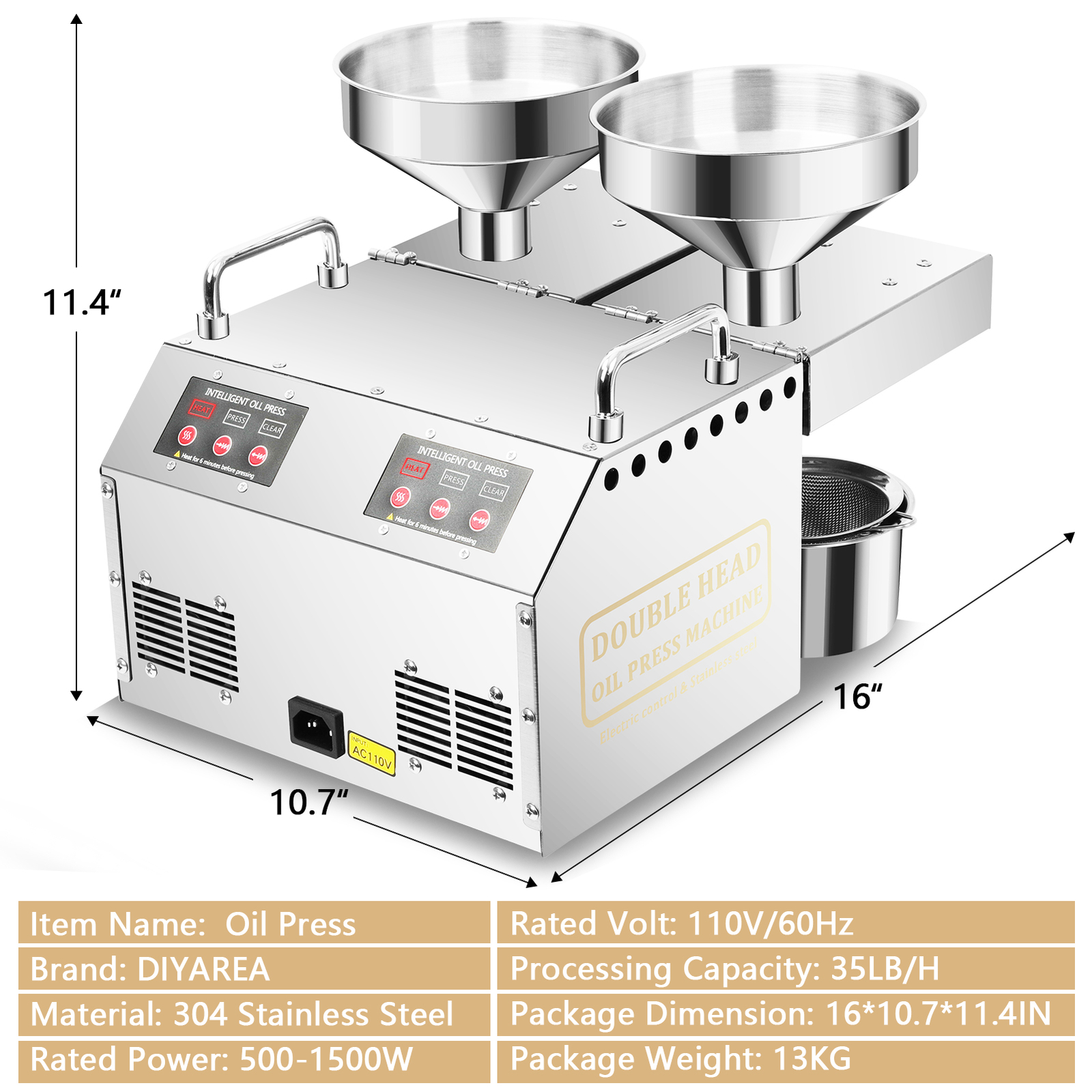 Stainless Steel Cold&Hot Oil Press Machine Oil Extractor Dual Outlets Electric