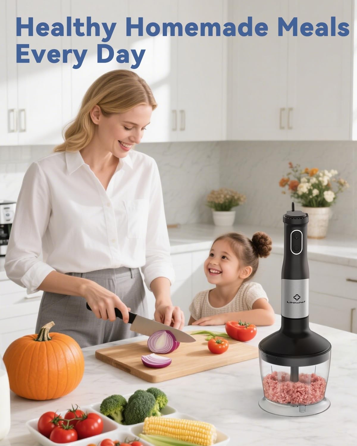 LINKChef 7 in 1 Immersion Blender Scratch Resistant, 2 Titanium Steel Blades 800