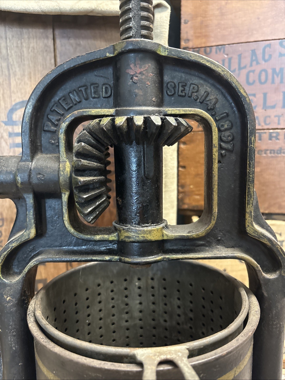 Antique Cast Iron National 4 Quart Fruit Press Sausage Stuffer Philadelphia 1897