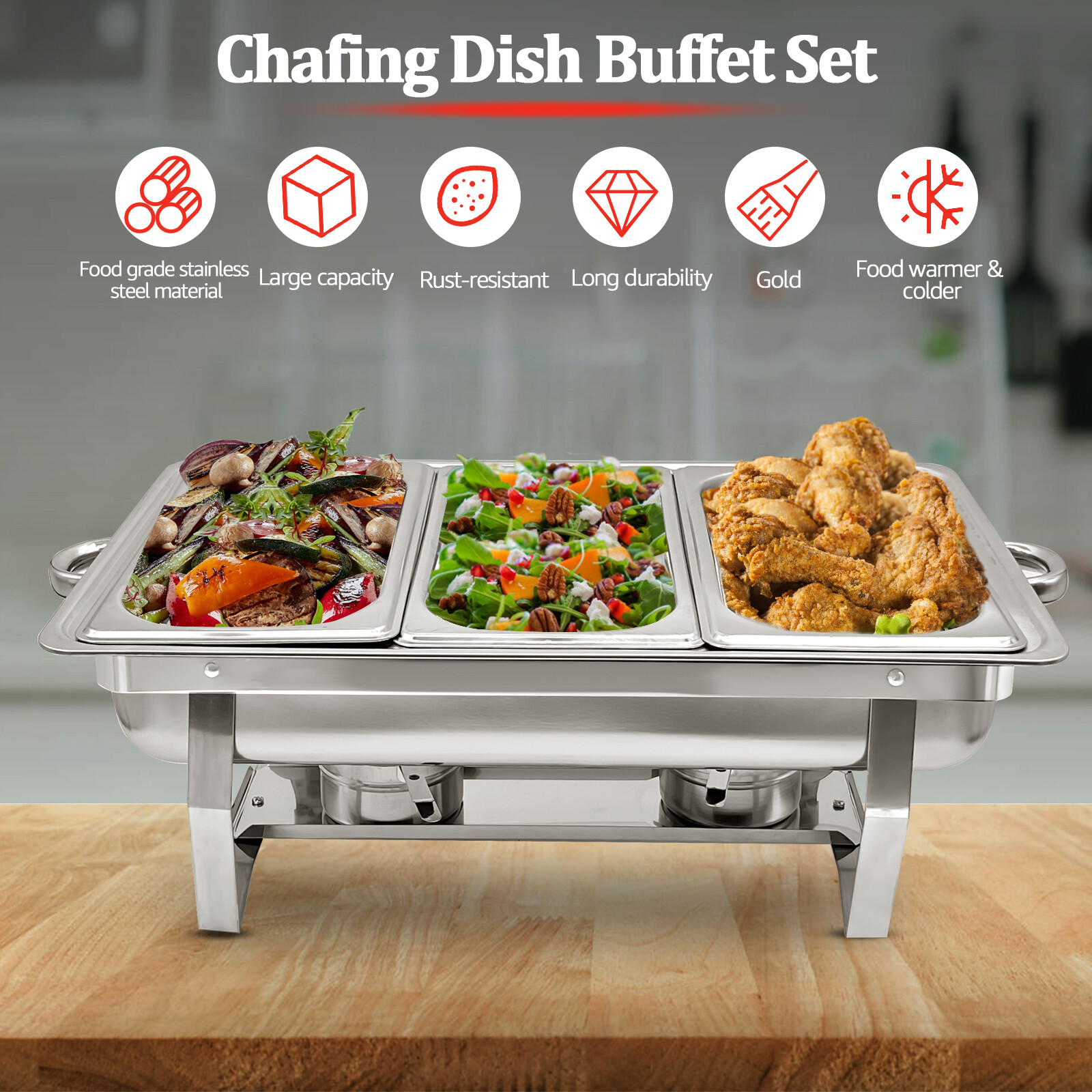 2 Set Chafing Dishes For Buffet Food Warmers For Parties Events Rectangle 8QT