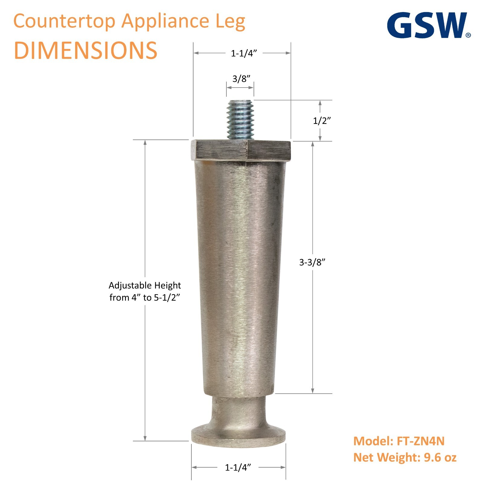 GSW FT-ZN4N 4 Pcs Adjustable Nickel Plated Appliance Leg 4″ High Flanged Foot