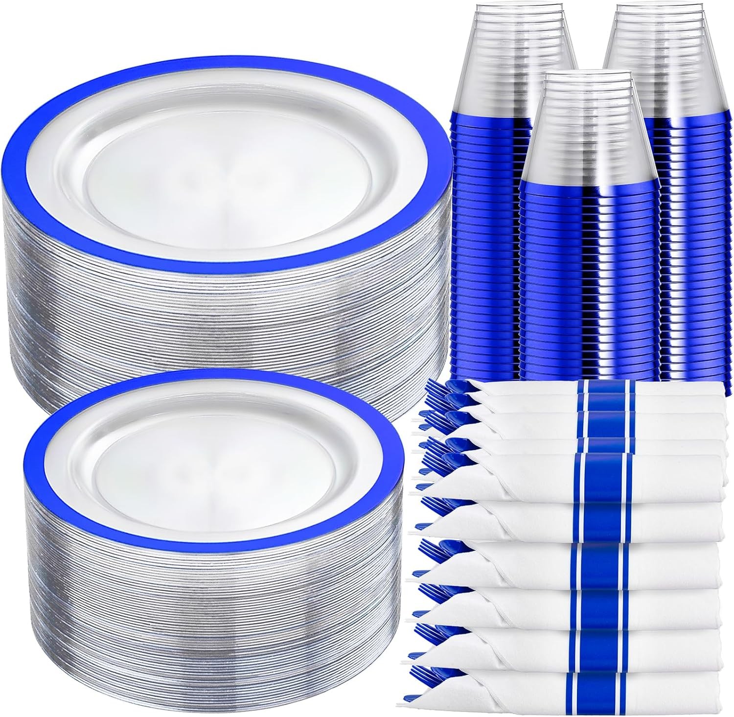 210 Pcs Dark Blue Plastic Plates, Clear Disposable Plates for 30 Guests, Blue