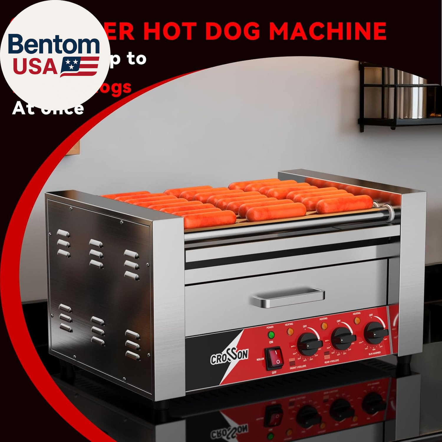 Hot Dog Roller 9 Rollers 24 Hot Dogs,1750W Hot Dog Grill Cooker Machine with Bun