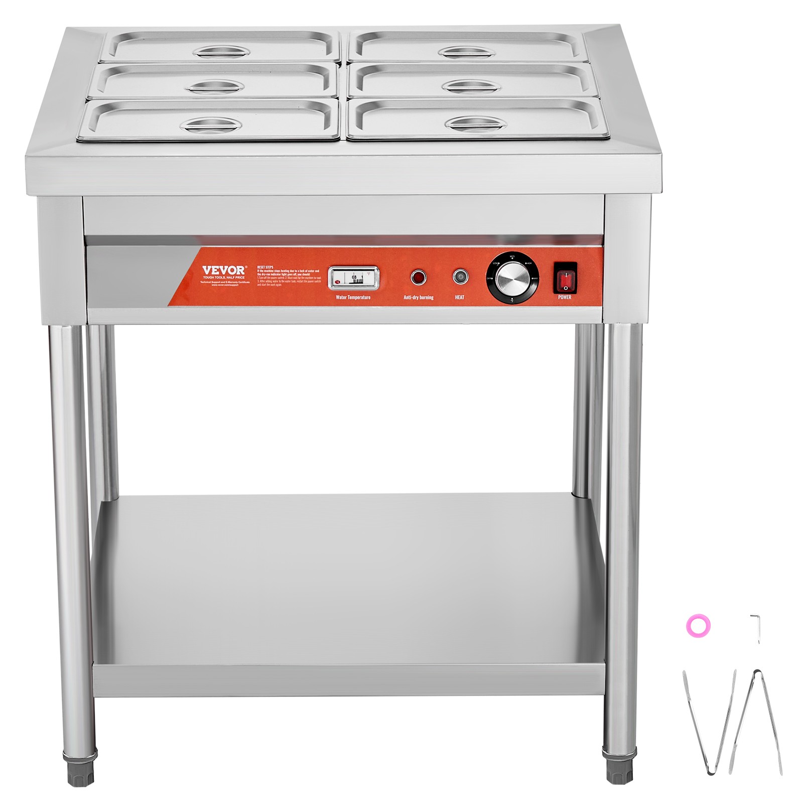 VEVOR 6 x 1/3 Pans Commercial Food Warmer Electric Steam Table with Undershelf