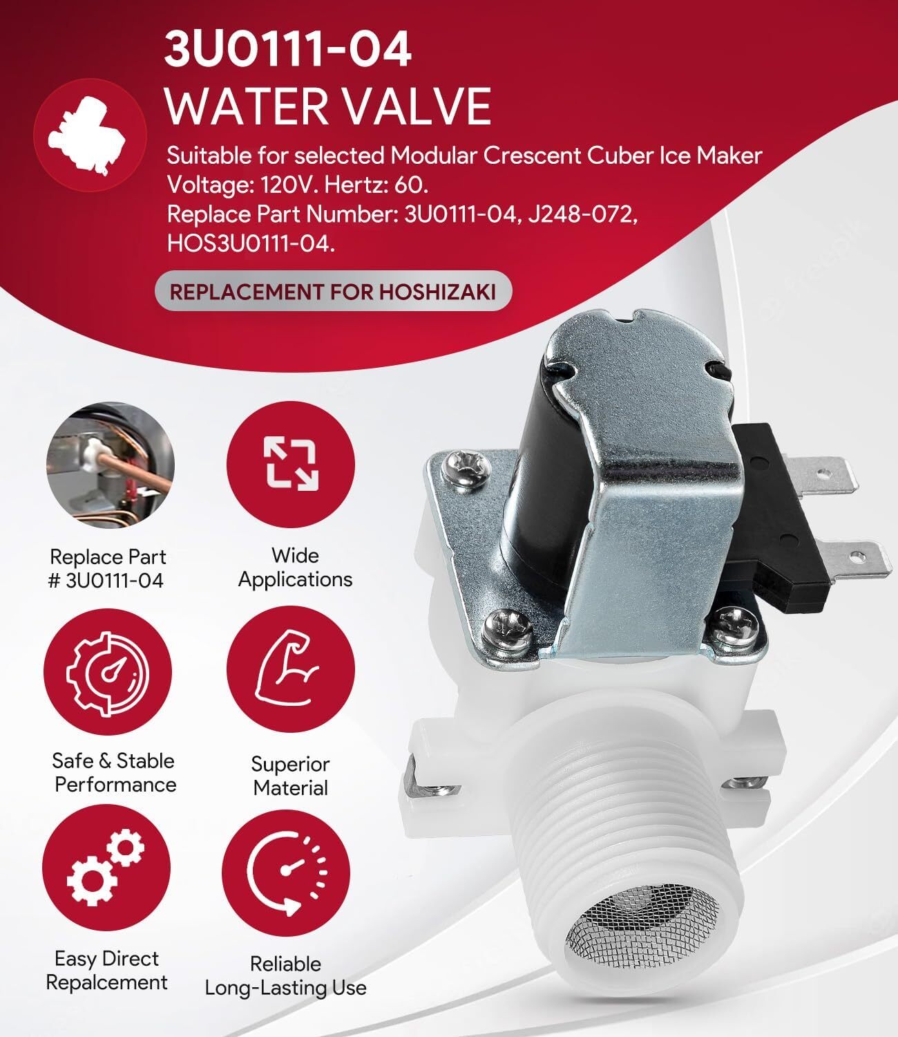 Water Solenoid Valve for Hoshizaki Ice 3U0111-04 J248-072 HOS3U0111-04 120V-60HZ