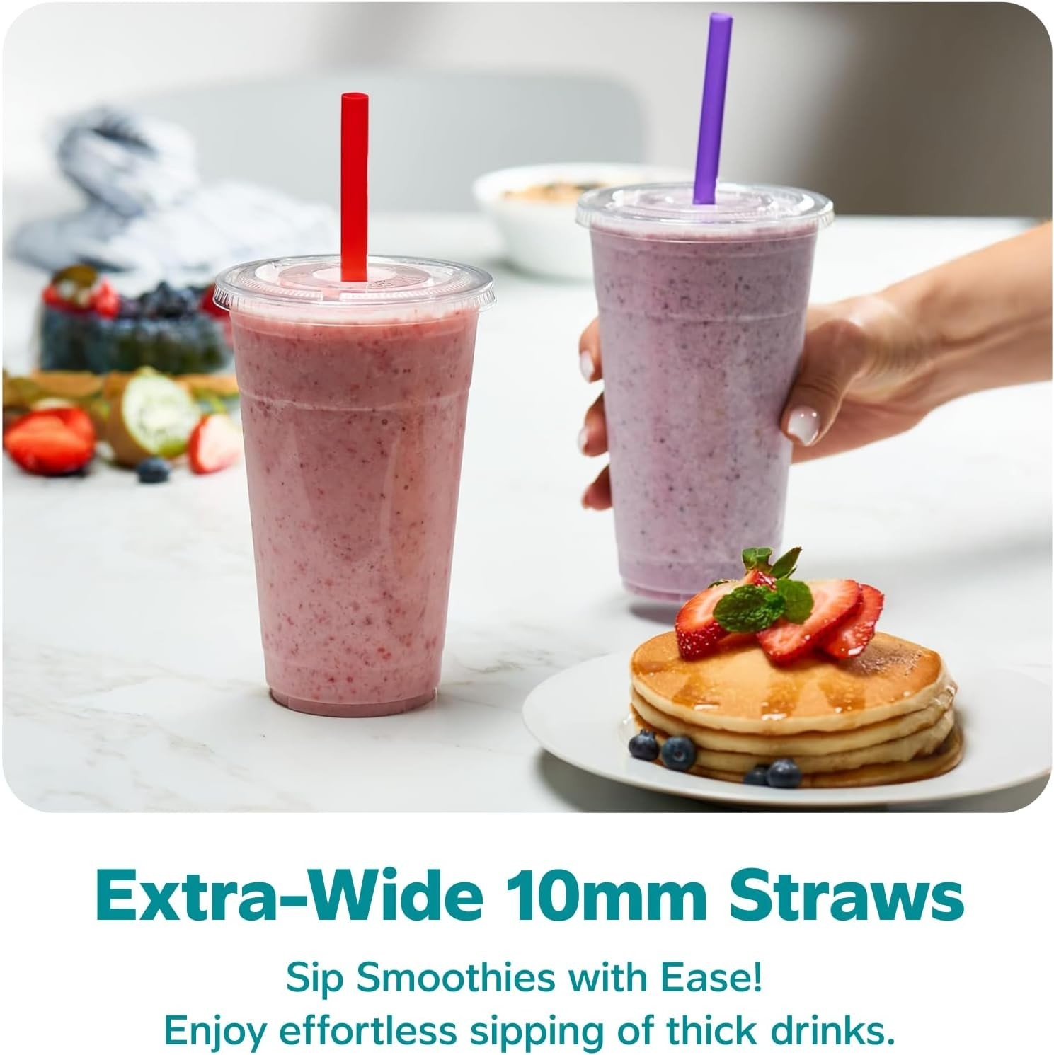24 oz. – 100 Count Clear Cups with Flat Lids & Straws – Disposable Clear Drin…