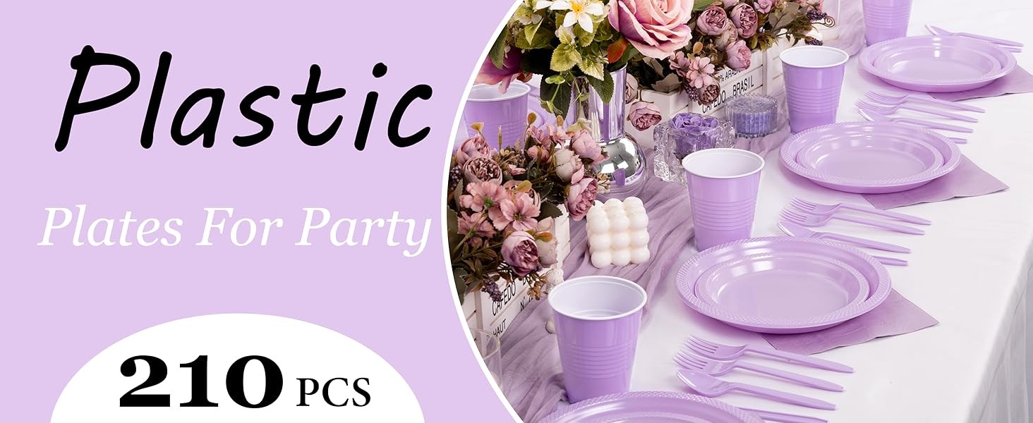 210Pcs Lavender Plates,Light Purple Plastic Dinnerware Set,Party Supplies