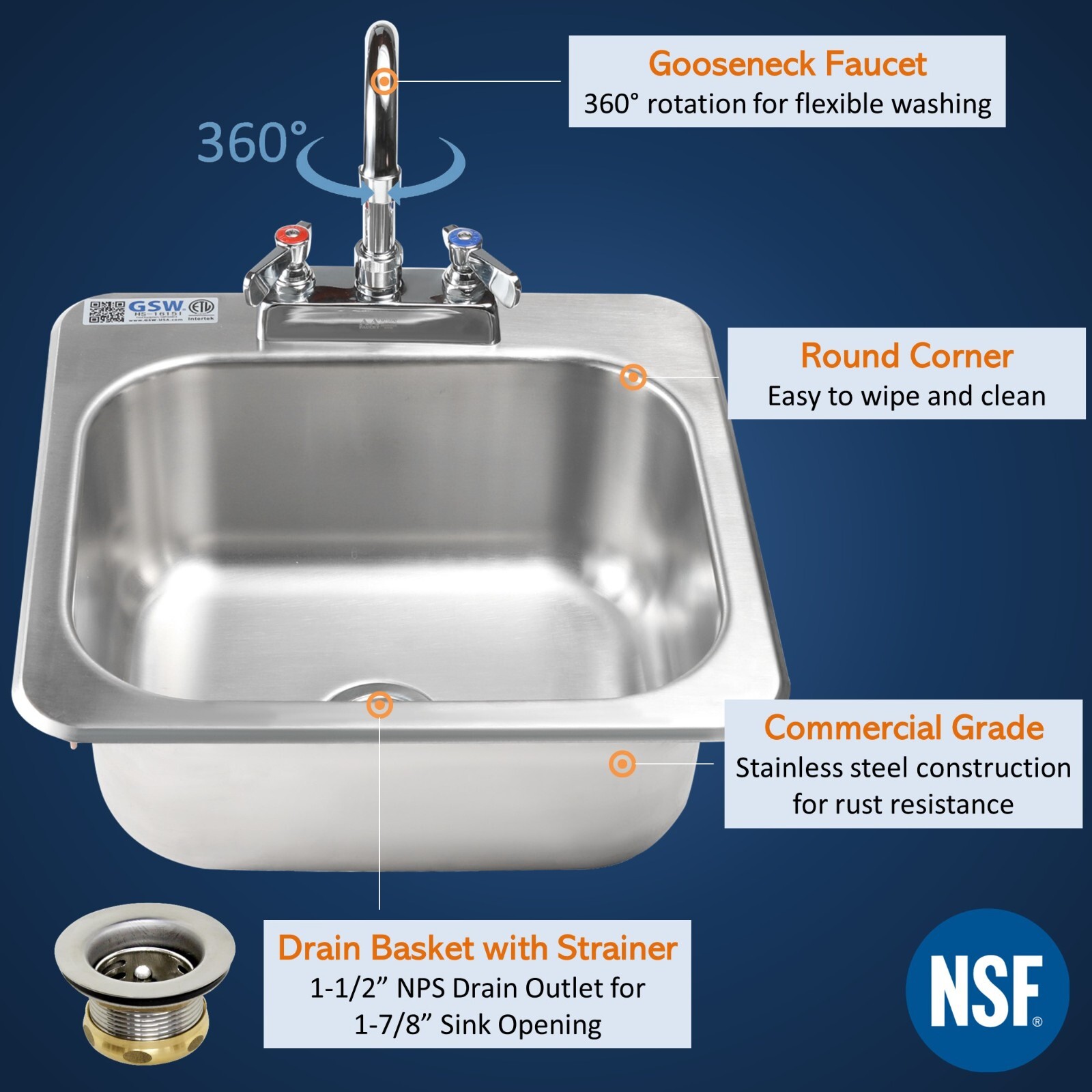 ACE Stainless Steel 20 x 17 Drop-In Hand Sink with Faucet ETL approved HS-2017IG