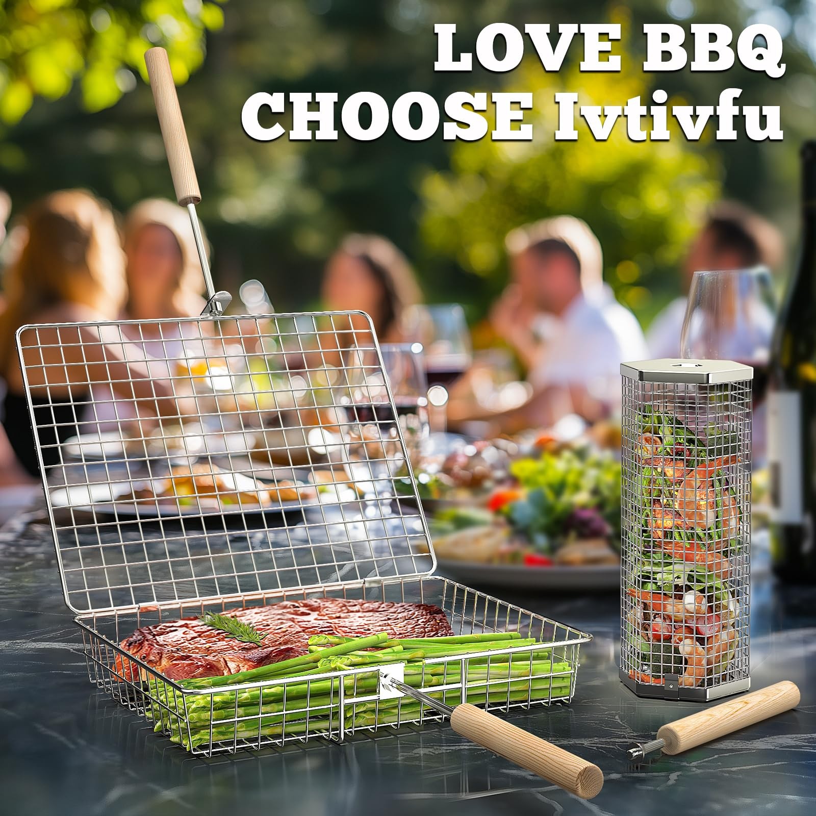 Ivtivfu Grill Basket Set Removable Wooden Handle 304 Stainless Steel Rolling