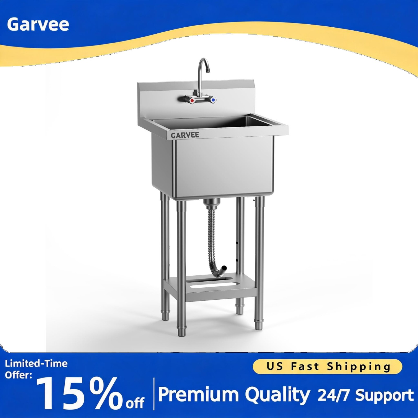 Stainless Steel Utility Sink Freestanding Commercial Single Bowl Kitchen Sink