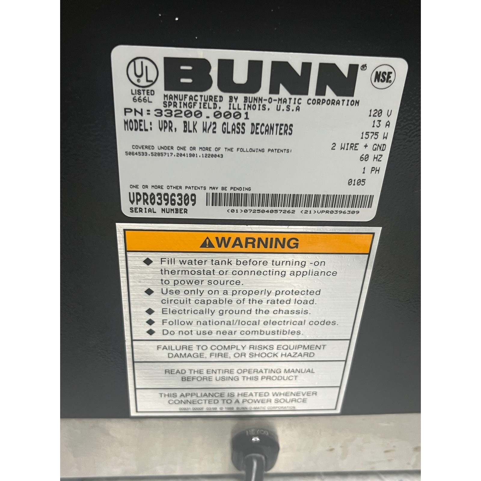 Bunn VPR Series Commercial Coffee Brewer 2 Warmer PourOver Black Stainless 33200