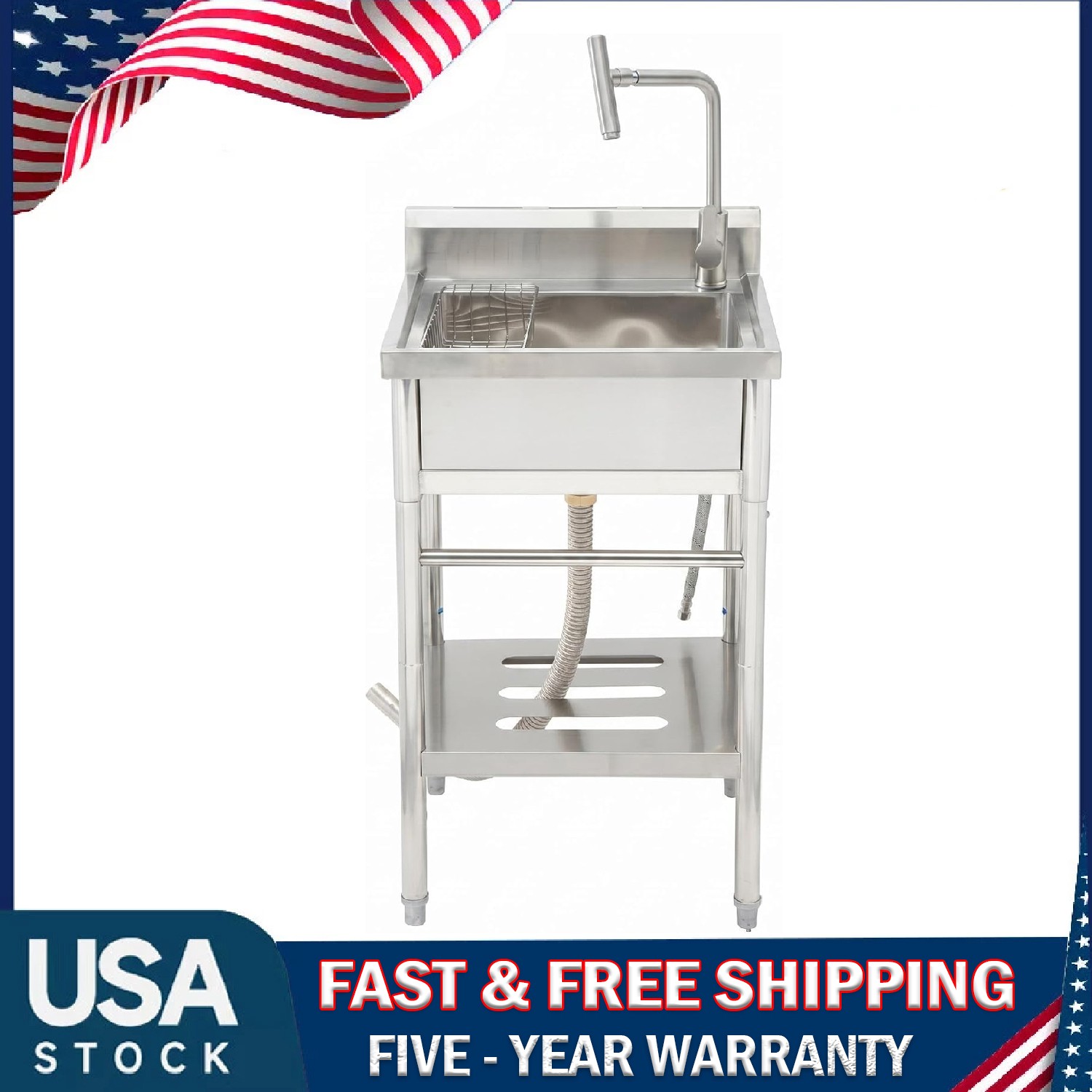 Stainless Steel Kitchen Sink, Freestanding Commercial Single Bowl Utility Sink