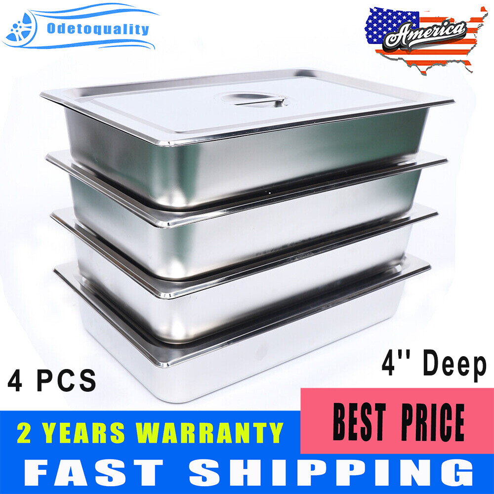 4-Pack Hotel Pans Commercial Steam Table Pan w/ Lid Stainless Steel Food Pan US