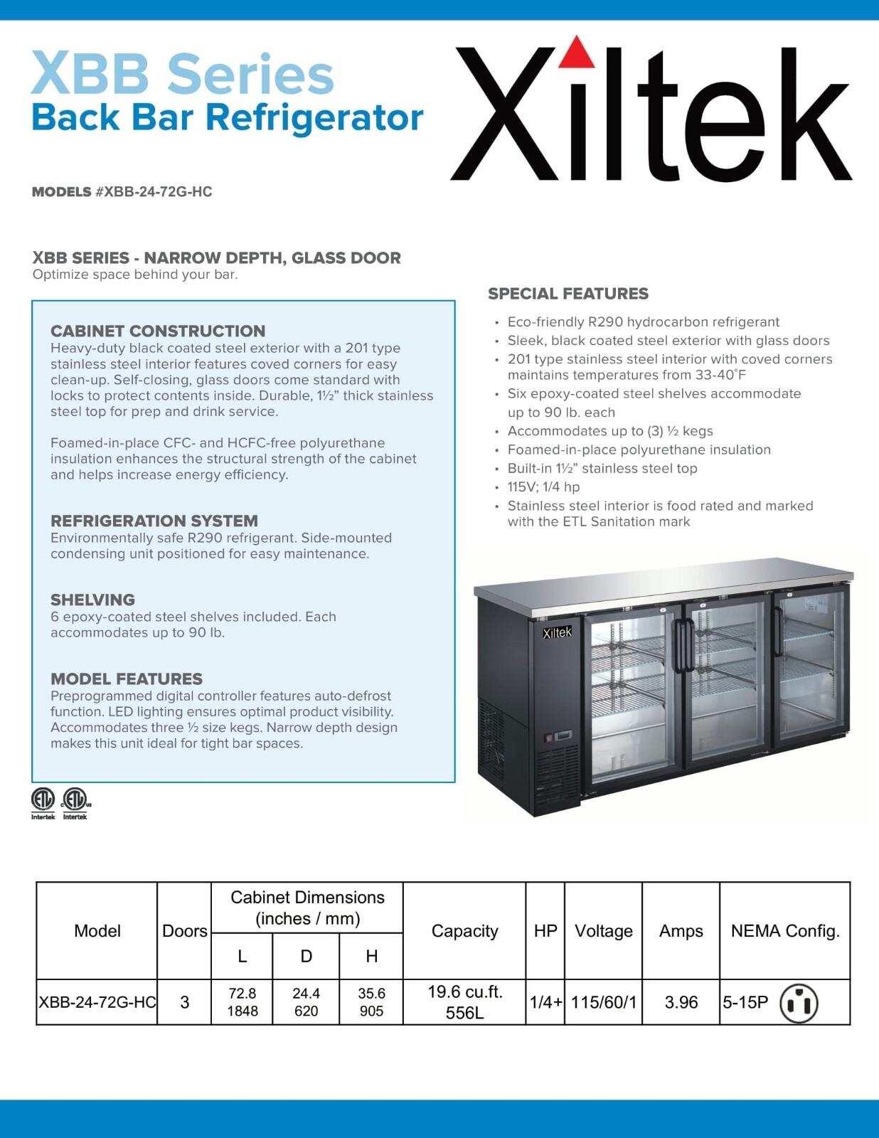 New Xiltek 72″ Triple Glass Door Commercial Back Bar Cooler Beer Refrigerator