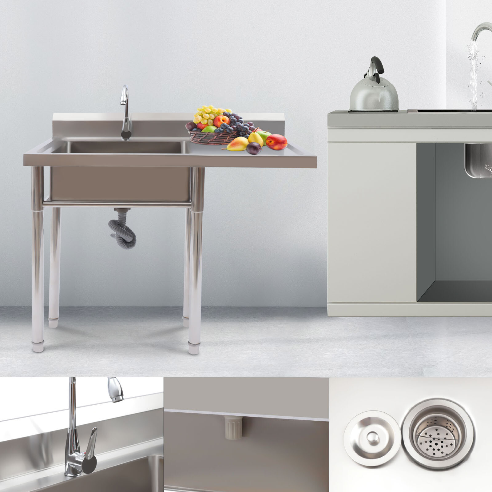 Free Standing Single Bowl Sink Commercial Restaurant Kitchen Sink with Faucet