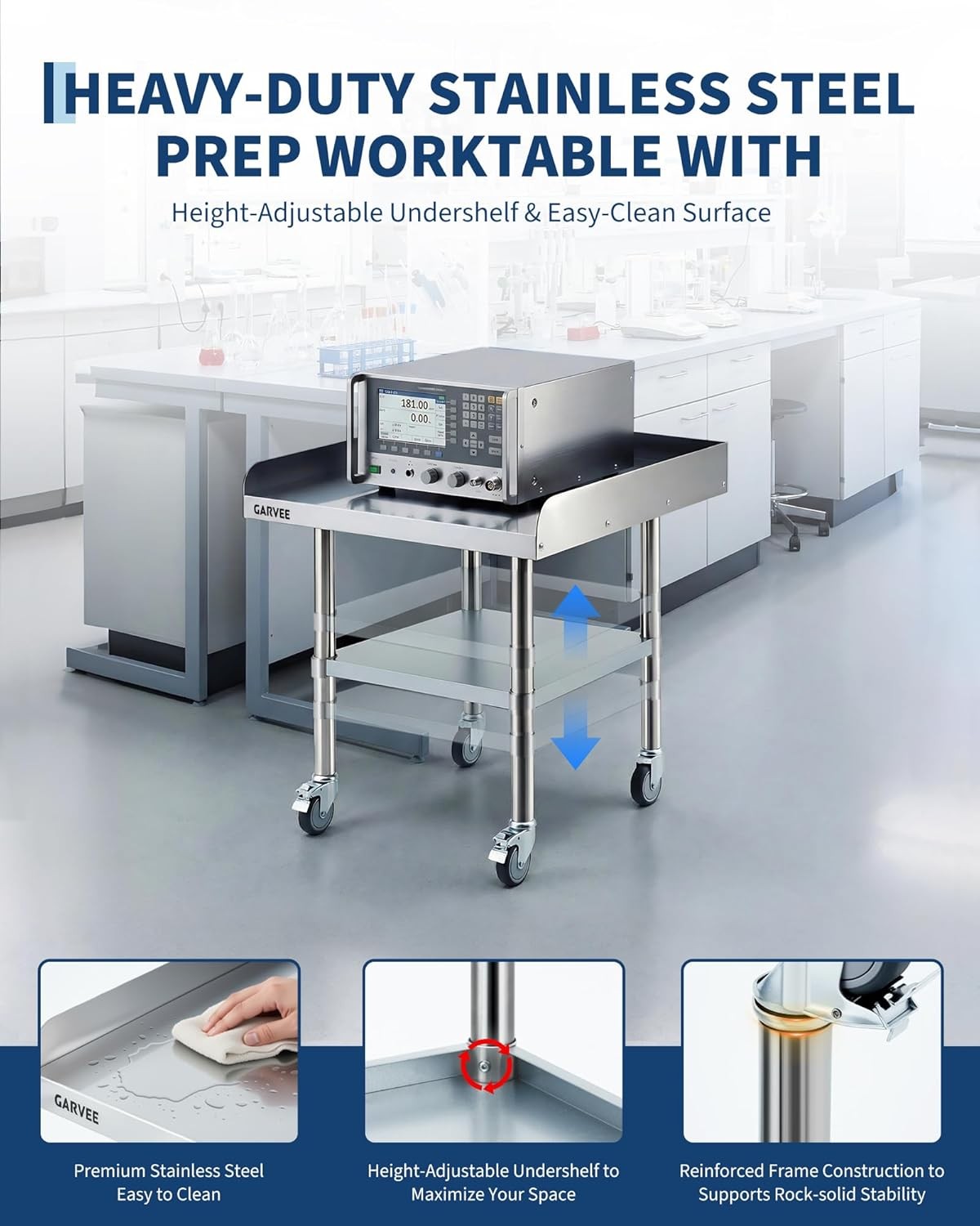 Stainless Steel Work Table w/Wheel Food Prep Table w/3Side Detachable Backsplash