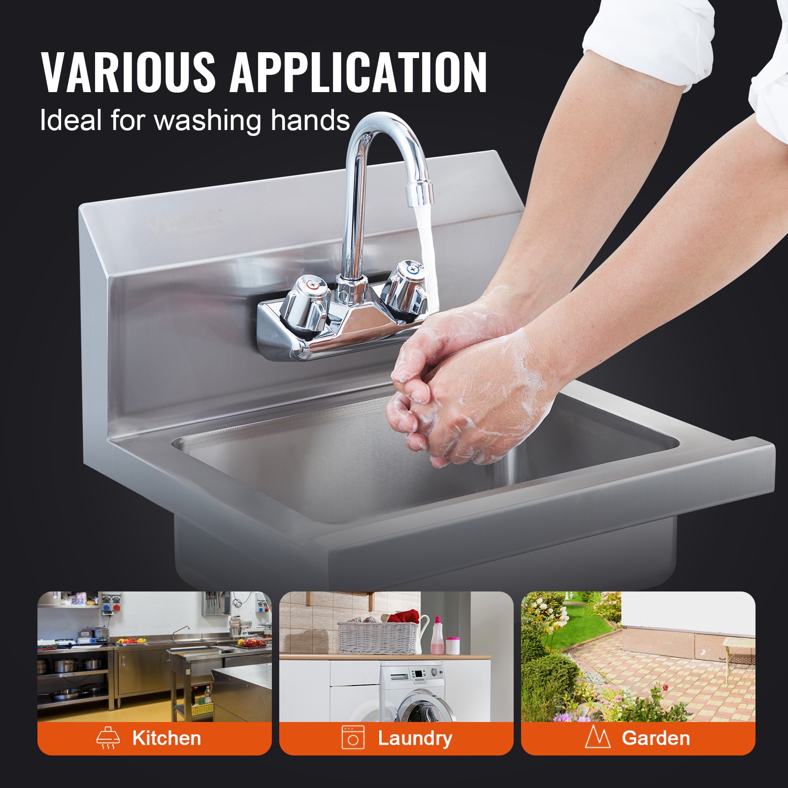 VEVOR 17″x12.8″ Commercial Hand Wash Sink Wall Mount Basin Stainless Steel NSF