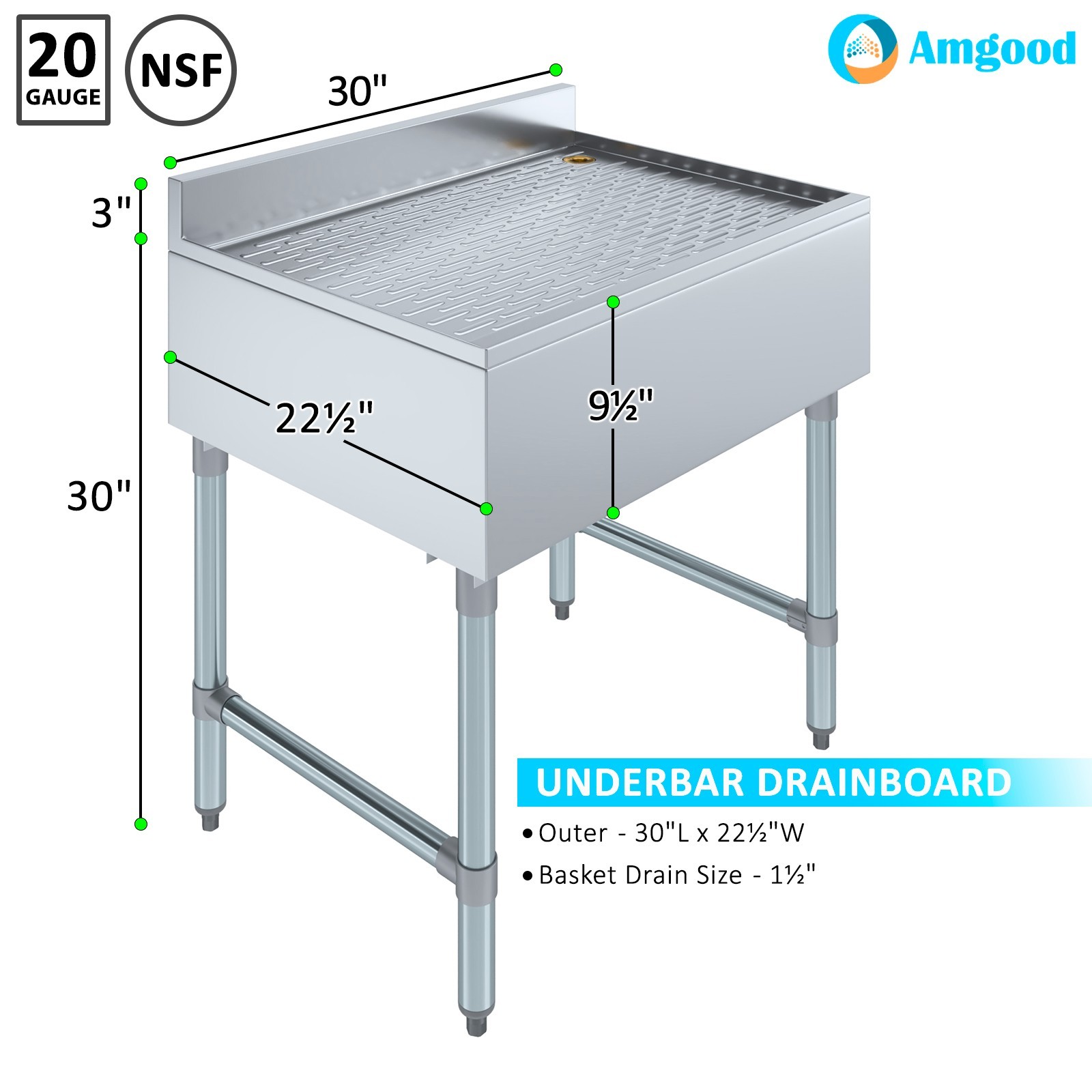 AmGood 30 in. x 22 in. Stainless Steel Underbar Drainboard