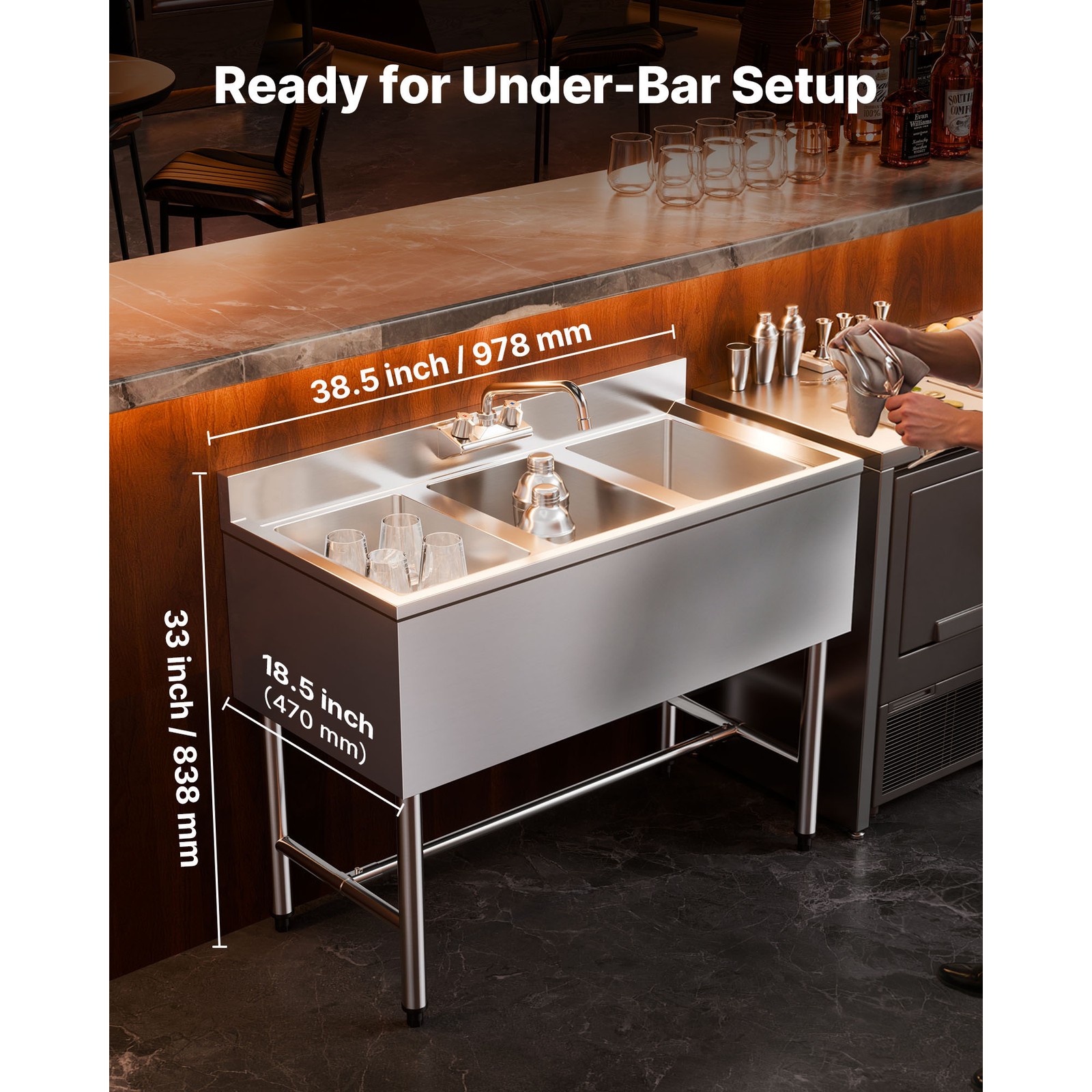 Uimoso 3-Basin Stainless Steel Sink for Commercial Kitchens, 38.5″