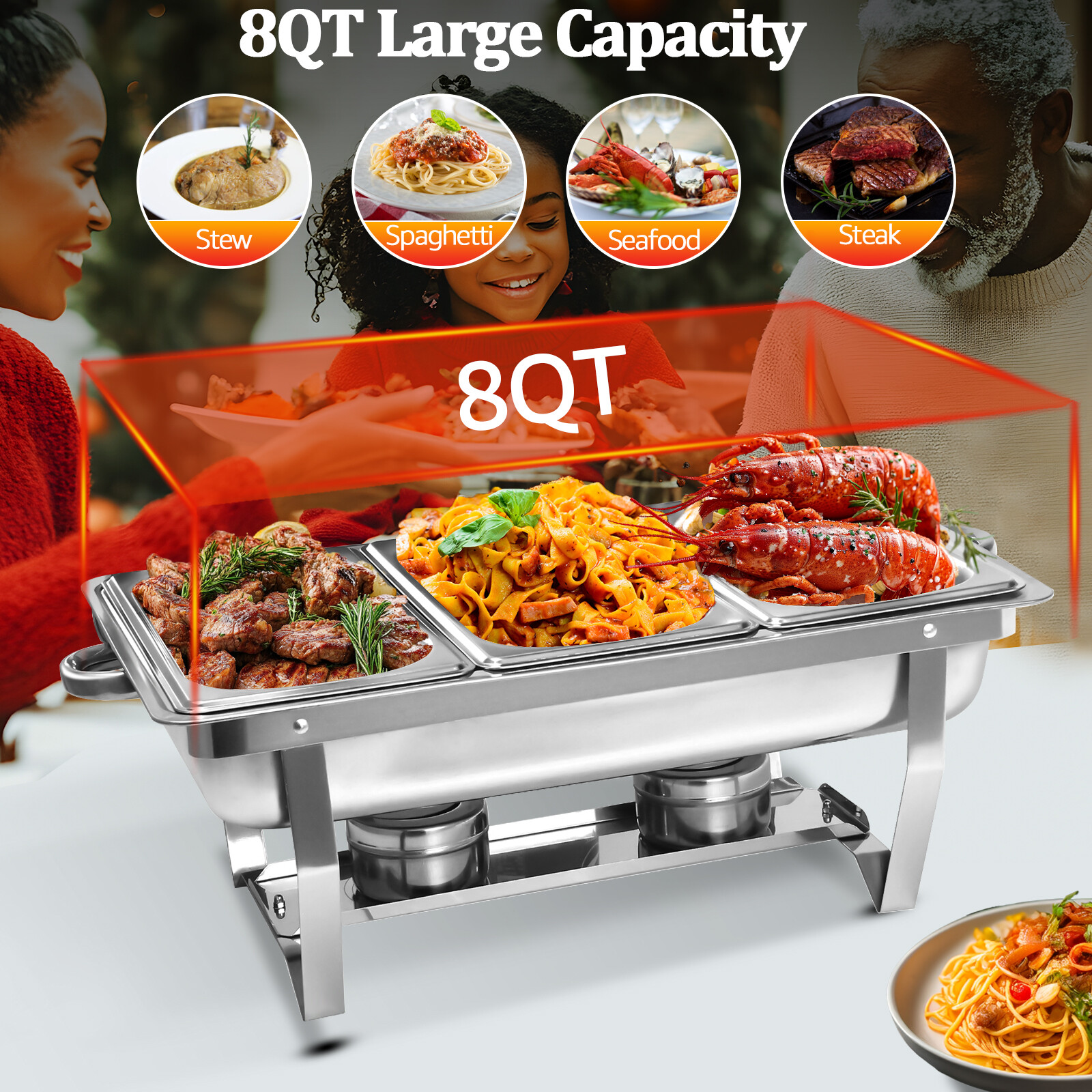 2 Set Chafing Dishes For Buffet Food Warmers For Parties Events Rectangle 8QT