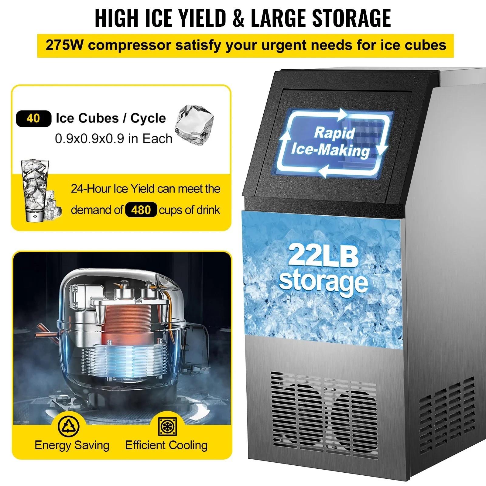 Commercial Ice Maker Machine Energy-Saving Multifunction High Ice Yield Storages