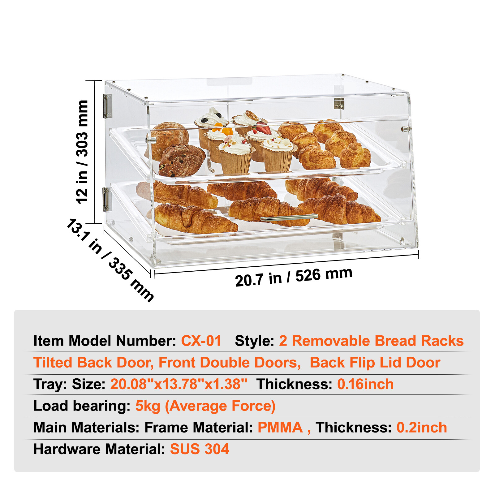 2-Tier Acrylic Bakery Display Case Countertop Donut Pastry Case Rear Door