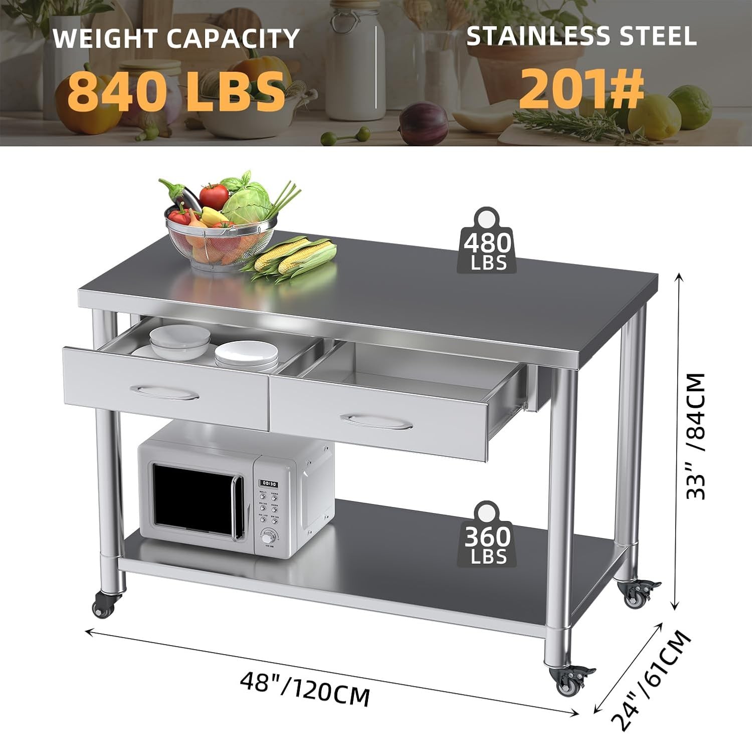 48″x24″ Stainless Steel Work Table with Drawers, Rolling Workbench for Kitchen