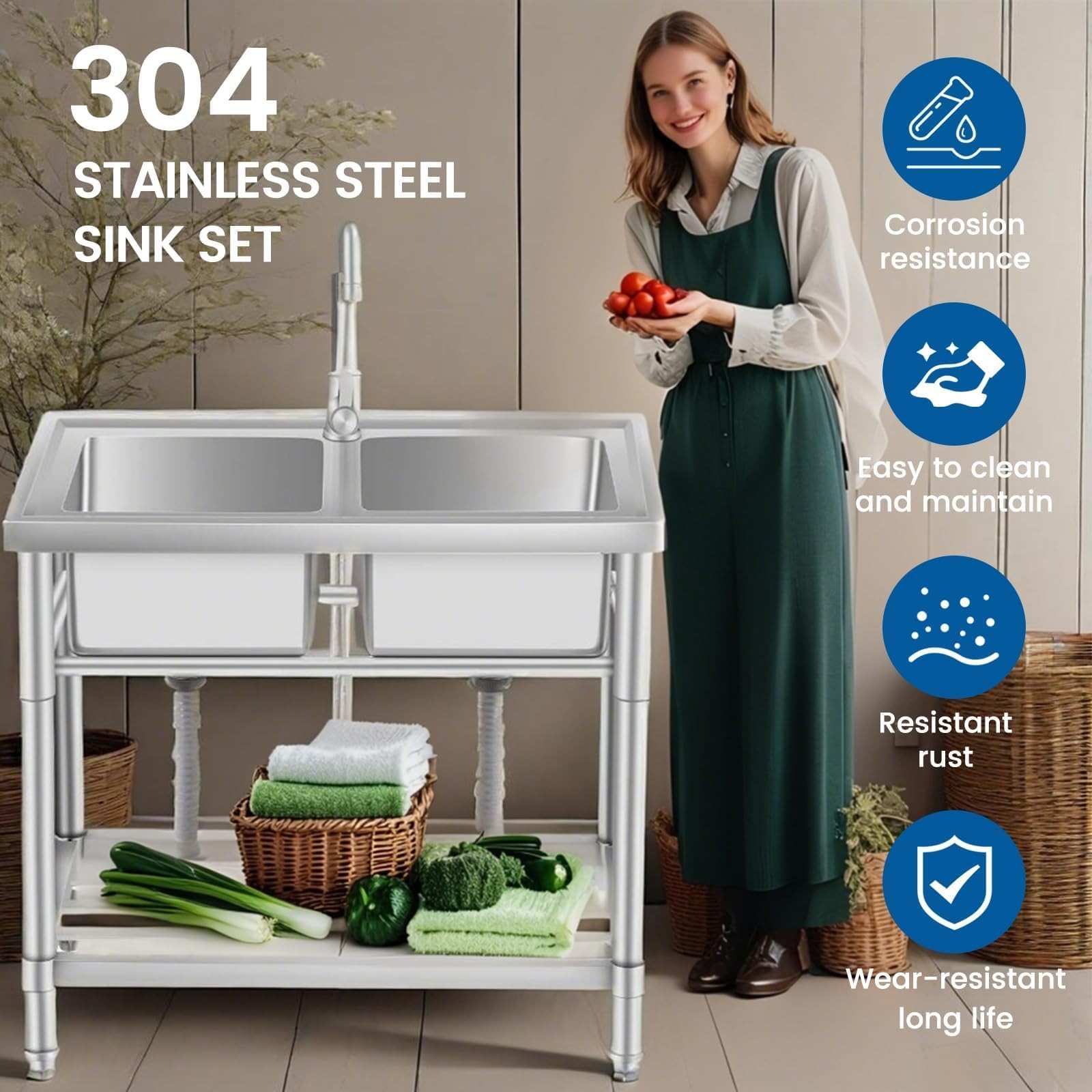 Stainless Steel Utility Sink 33″x18″x30″ Free Standing Double Bowl Sink w/Faucet