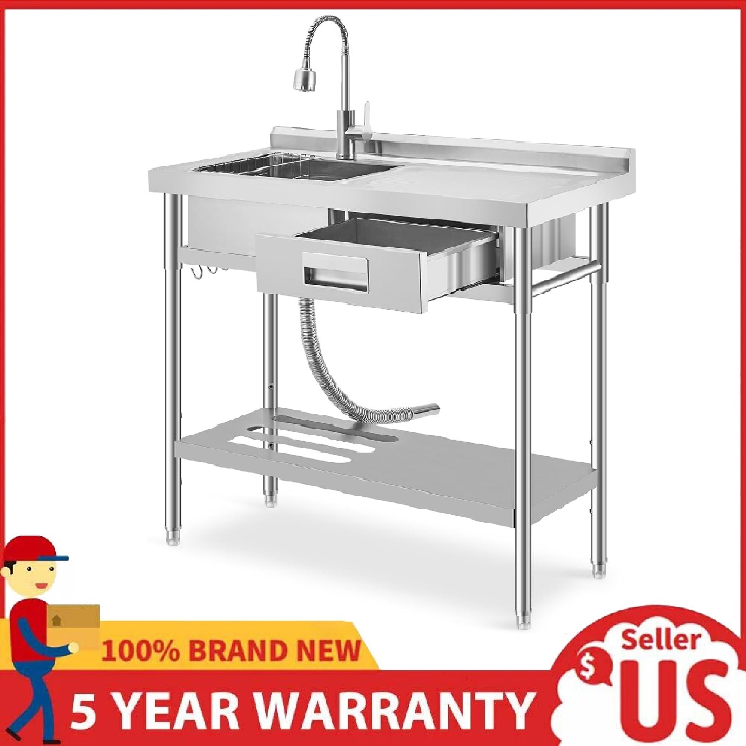 39″ Stainless Steel Utility Sink, Freestanding Single Bowl Kitchen Sink & Faucet