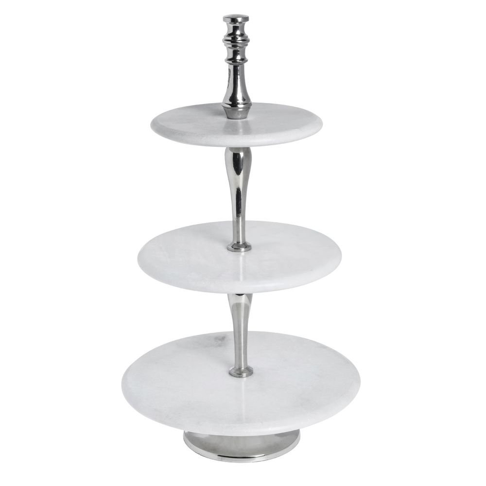 HUBERT® Tiered Display Stand 3 Tiers Round Nickel Plated Aluminum and Marble –