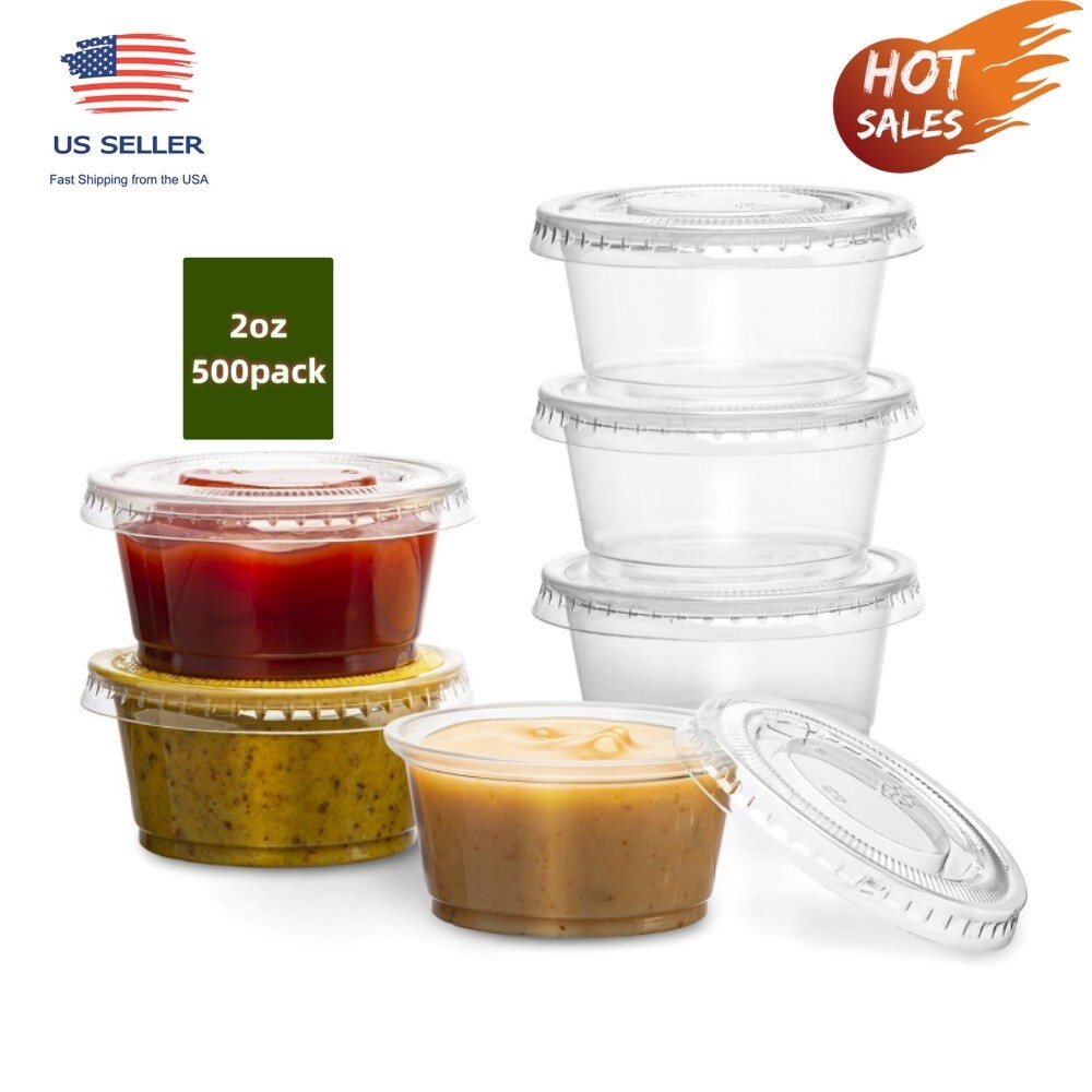 500 Sets – 2 Ounce Disposable Portiion Cups Plastic with Lids, Souffle Portion