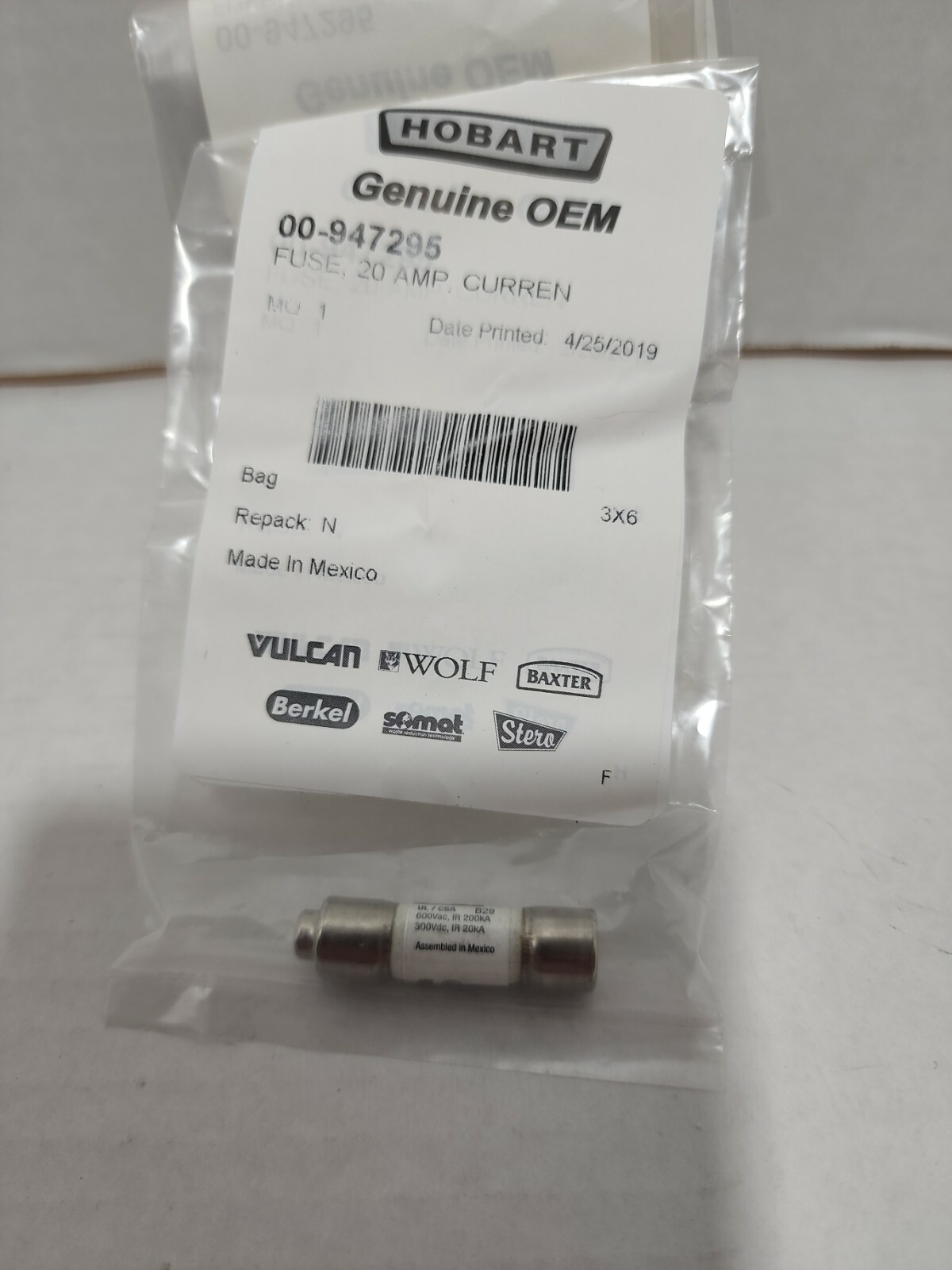 HOBART /VULCAN HART 00-947295 FUSE 20 AMP NEW OEM