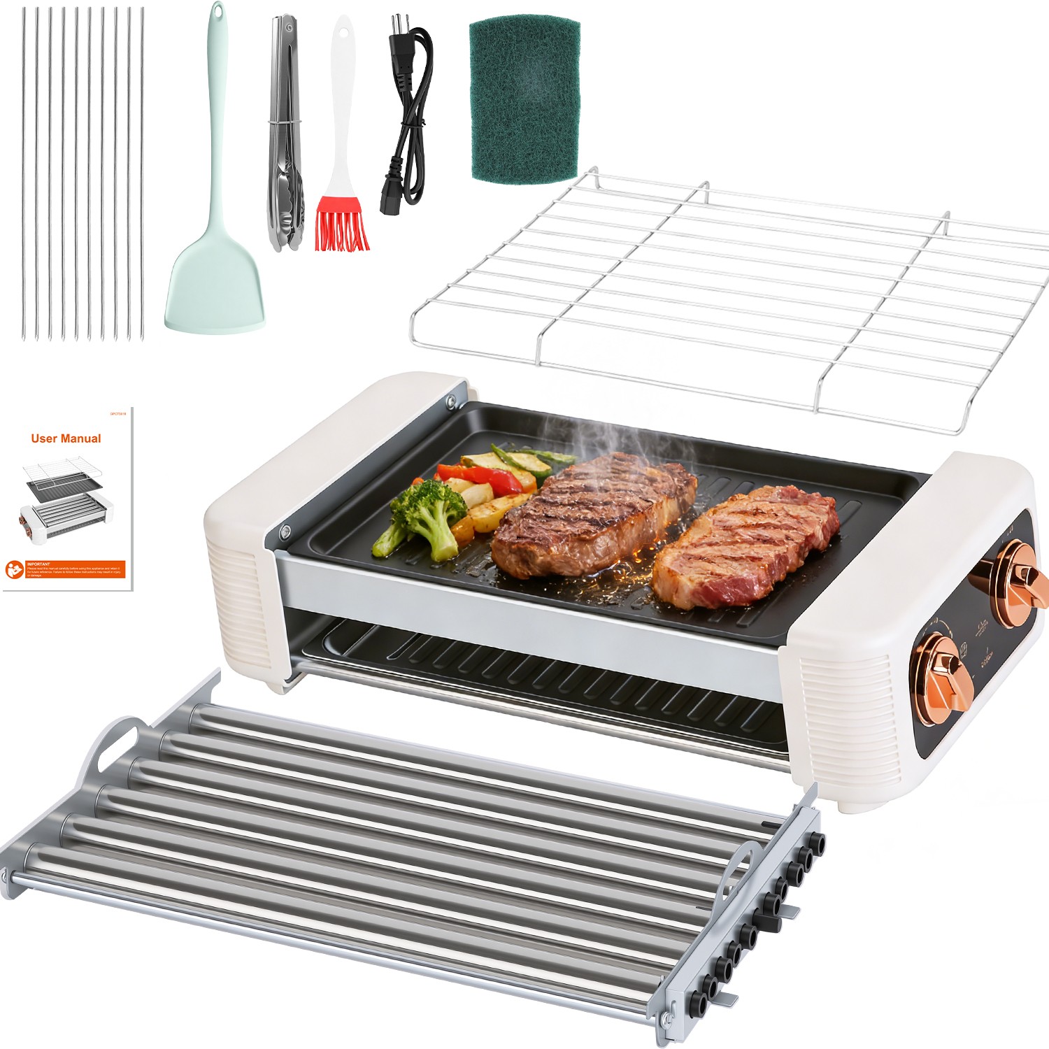 3IN1 Hot Dog Roller Machine with Grill & Griddle Cooker 600W 9 Hot Dog 6 Roller