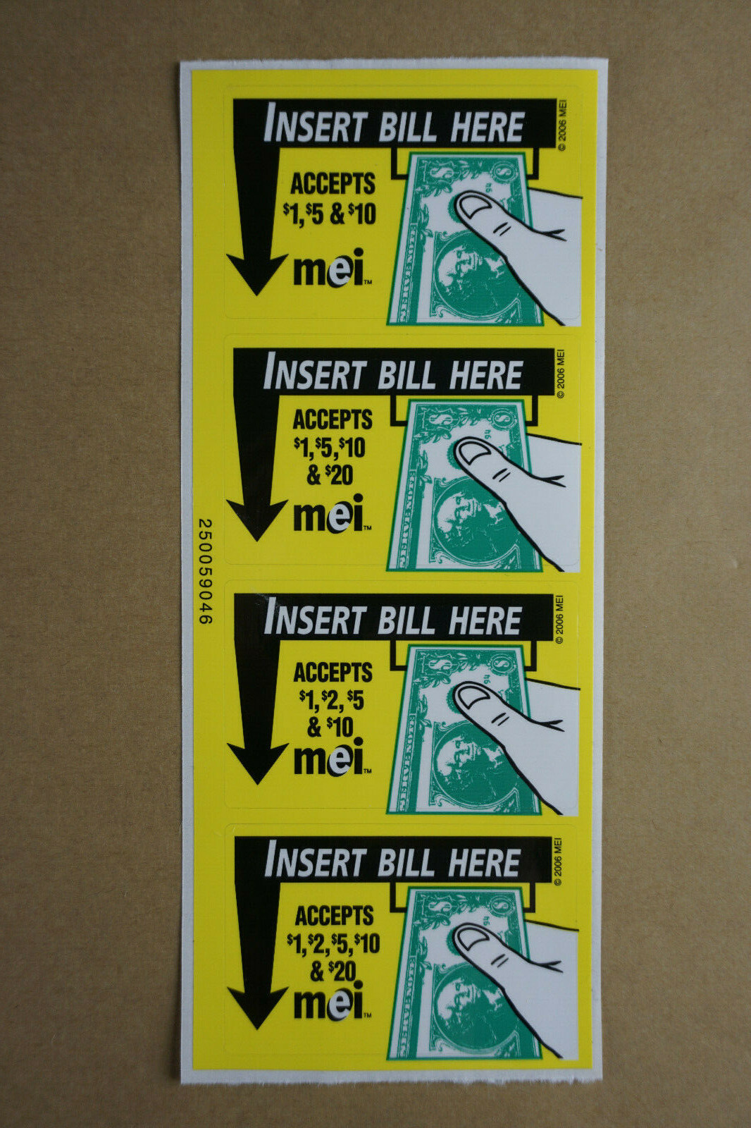 MEI Mars Bill Validator VN Series Set of 4 Sticker Decal Accepts $1 $2 $5 & $10