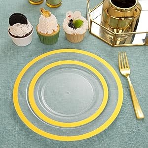 210PCS Gold Plastic Plates – Heavy Duty Clear Gold Disposable Plates Includes 30