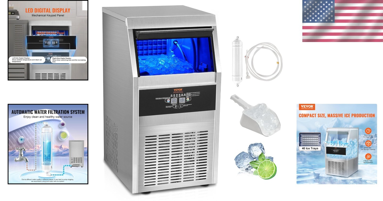 Commercial Ice Maker: 80lbs/24H, 40 Ice Cubes in 15 Min, 24lbs Storage Capacity