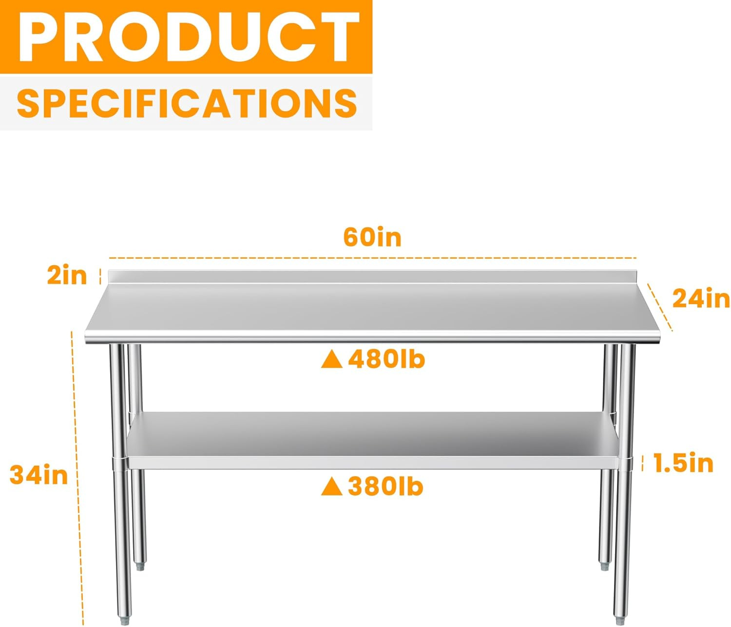 Heavy Duty Stainless Steel Prep Table with Backsplash & Adjustable Shelf 24×60