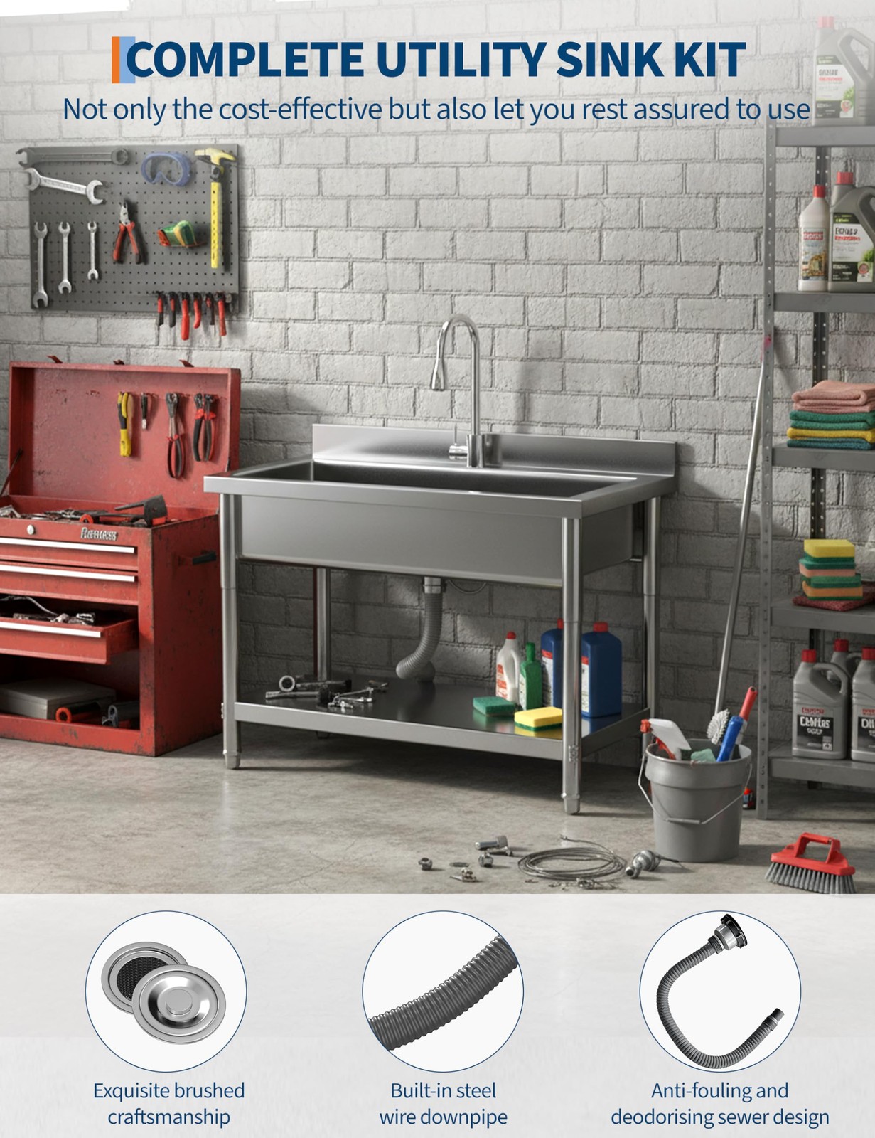 Stainless Steel Utility Sink with Pull-Out Faucet,23.6″D x 39.37″W x 31.5″H F…