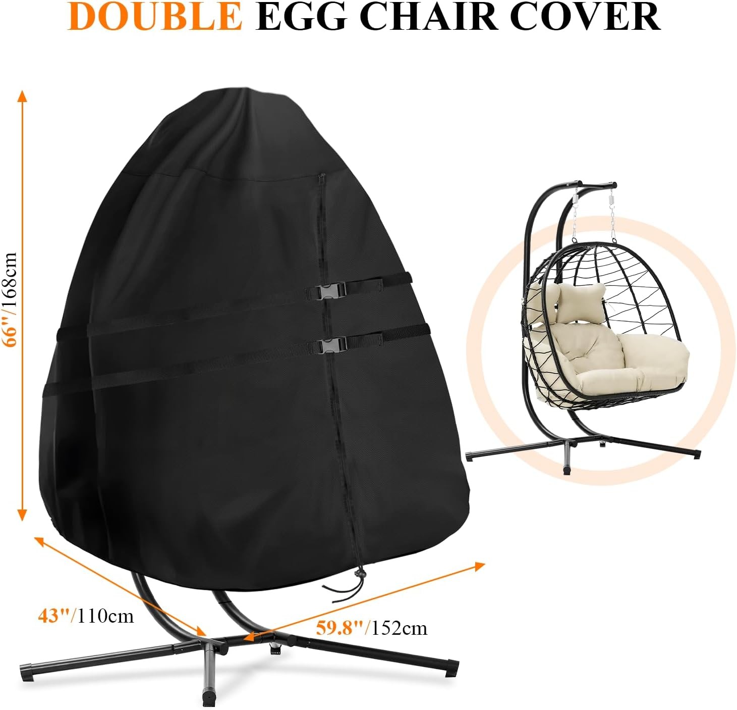 Egg Chair Cover Waterproof, 66×60 Inch Windproof Double Seat Wicker Swing