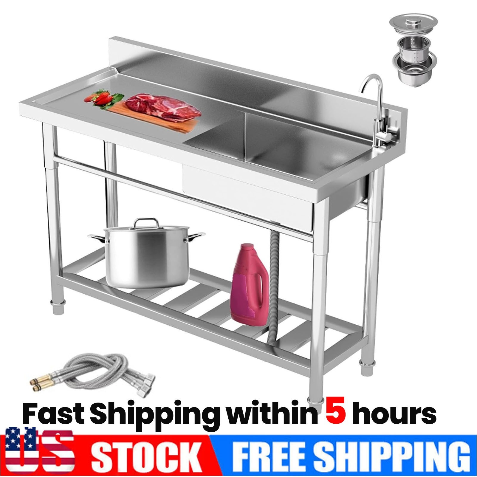 1 Compartment Commercial Stainless Steel Kitchen Sink Prep Counter, Utility Sink