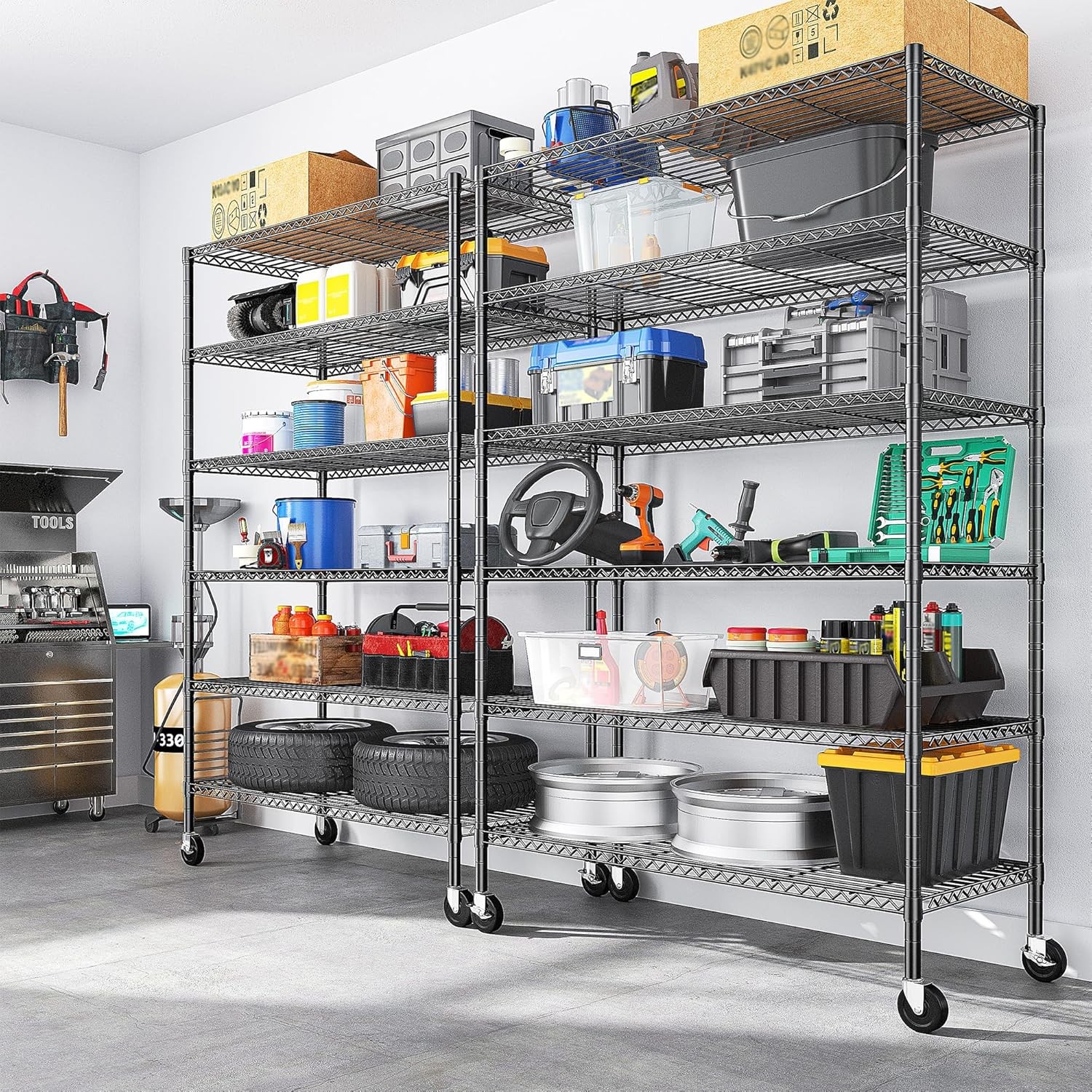 82″H X45″W X18″D Storage Shelves with Wheels, 6 Tier Wire Shelving Adjustable