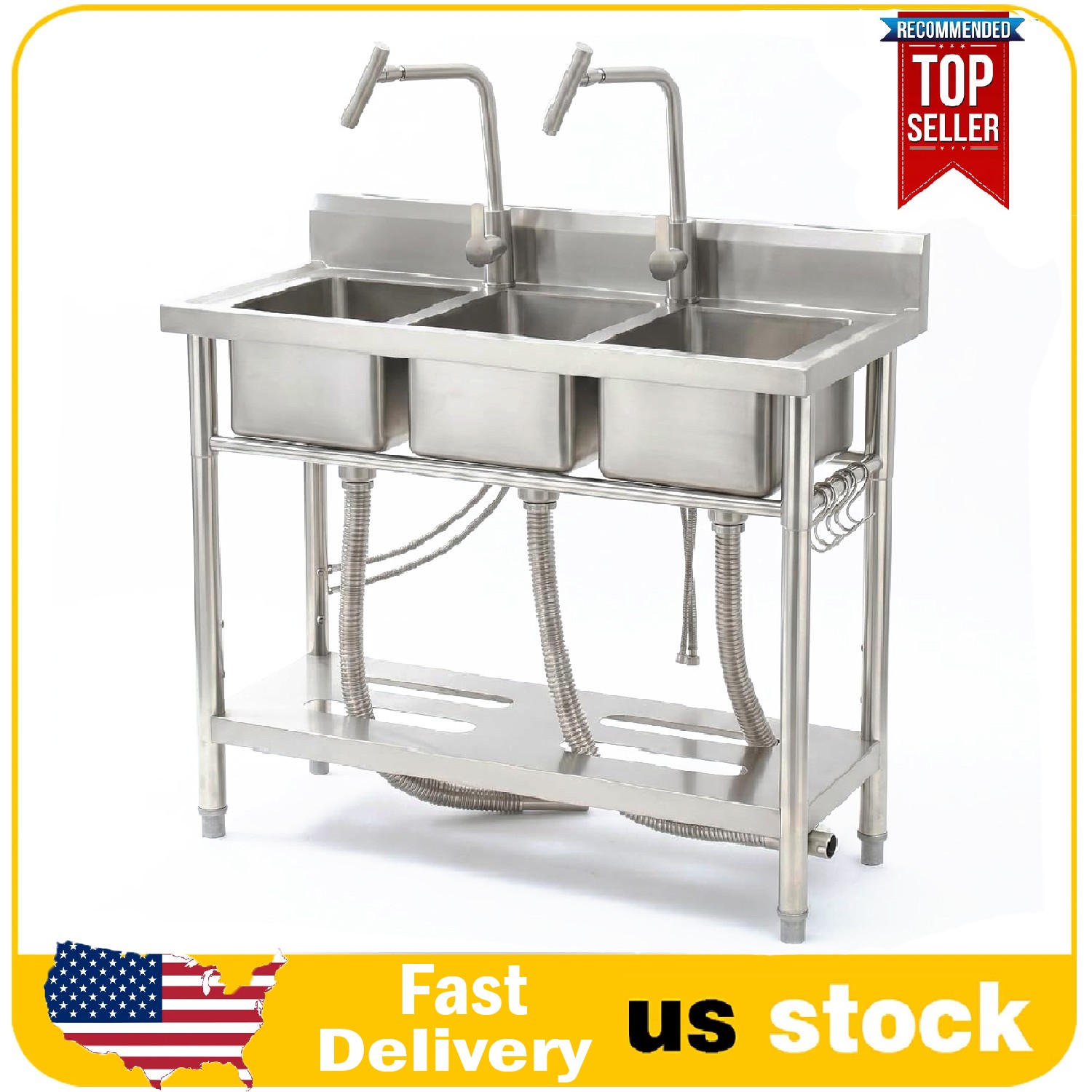 Stainless Steel Kitchen Utility Sink, Freestanding 3-Compartment Sink w/ Faucets